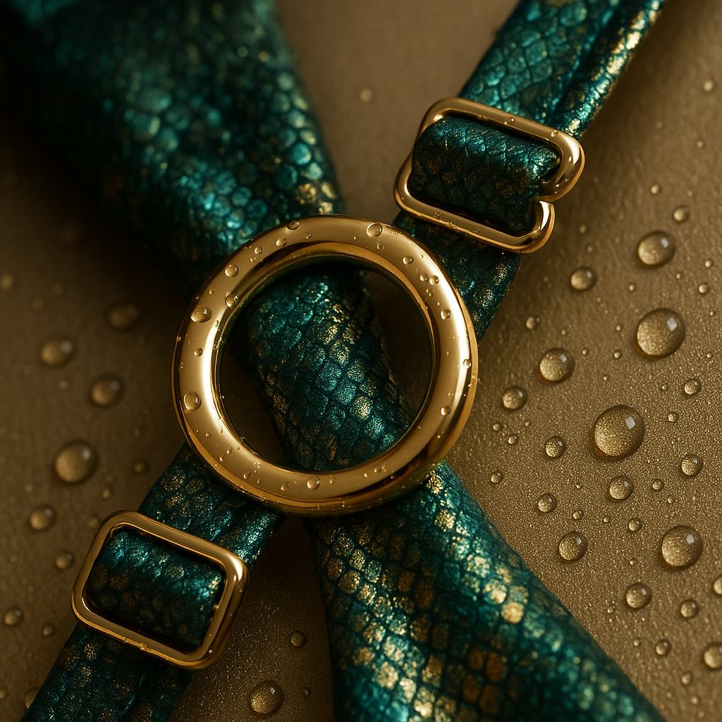 Gold hardware detail on metallic python swim fabric